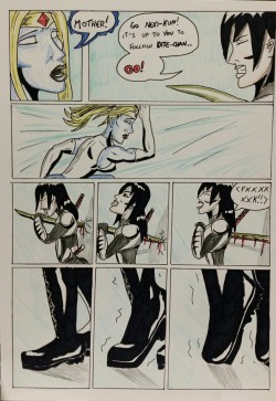 Kate Five vs Symbiote comic Page 113  Taki tippy-toes her way off a wall spike. Ouch!