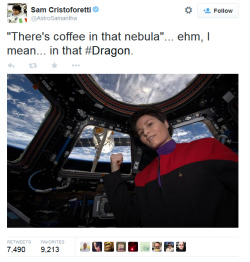 lilium-m:  rainbowbarnacle:  devilishkurumi:  European Space Agency astronaut Samantha Cristoforetti, the first  Italian woman in space, took a moment to celebrate Captain Janeway at  around 250 miles above Earth. (CNET) (twitter)i bet someone else has