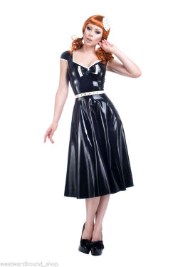 westward-bound-latex:  Bargain of the Day on our eBay store. Model Ophelia Overdose in Westward Bound’s 50’s inspired Latex Swing Dress. 