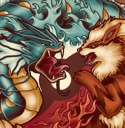meganlara:  THE TIGER AND THE DRAGON by Megan Lara A yin yang design using Gyarados and Arcanine, the two original Pokemon I think are most dragon (bad-ass, snake-like dragon anyway) and tiger-like.  Hope you dig it!You can get it as a shirt, print or