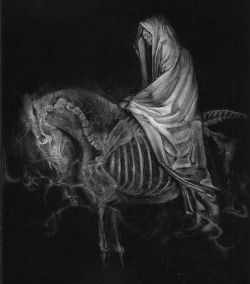 death-and-necromancy:  When the Lamb opened the fourth seal, I heard the voice of the fourth living creature say, “Come and see!” I looked and there before me was a pale horse! Its rider was named Death, and Hades was following close behind him. They