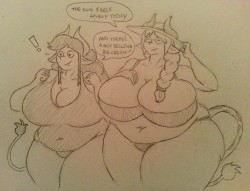 overlordzeon:  cutie-doodles:  I’ve been a bit obsessed with cow girls recently, so I drew Millie with @overlordzeon’s Diana enjoying a day at the beach.  They’re going to need A LOT of sunscreen…  Ooh, nice to see Diana hanging out with Millie.