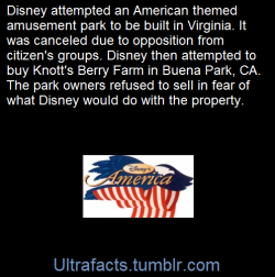 ultrafacts:  Disney’s America was a planned theme park that was to have been built by The Walt Disney Company in Haymarket, Virginia in the early 1990s. The park was to have been dedicated to the history of the United States; however, amid opposition
