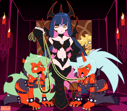 This was commissioned by a good friend of mine, and he wanted me to make a picture of Stocking as some sort of demonic dominatrix, with both Scanty and Kneesocks on leashes. REALLY like the way this turned out!