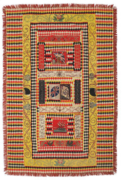 desimonewayland: Regimental “bed rug” by Sergeant Malcolm Macleod, India, c. 1865. Wool,  mostly from military uniforms, with hand embroidery; 95 by 63 inches. In  1865 Sergeant Malcolm Macleod entered his quilt in the Glasgow  Industrial Exhibition,