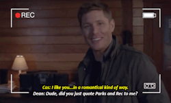 casbadass:   Cas finds a camcorder and can’t help but film endless clips of just Dean being Dean.   Because I like to imagine that Dean and Cas watch Parks and Recreation together.   Please make more