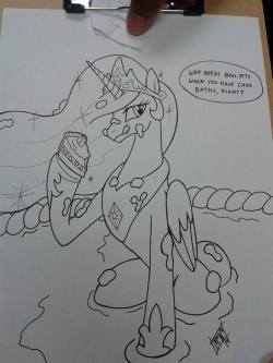 ponyconblindbagcommissions:  “Celestia in a cake bath” drawn by MoNo at WendCon brony meetup DeviantART So there was a SoCal Brony meetup and It wasn’t really a conventional convention but was still able to get a blind bag style commission from