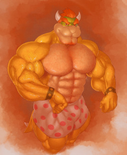 ripped-saurian:i just bought and downloaded some sweet new photoshop brushesso what better way to test them by drawing megastud bowser yes he can take his shell off and yes those boxers are canon 