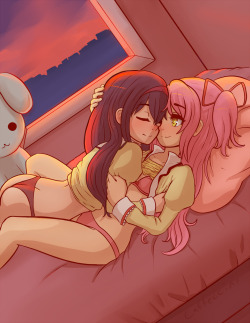 caffeccino:  Madohomu snuggly kerdiddling  hurray! Actually one of the first fully digital pictures I’ve done since I got my cintiq; I’m quite pleased with the results!  I even got to pick the idea for this picture, it looks so adorable :D