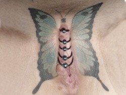 Tattoo and pussy closed by rings form a good example of the frequently used butterfly design.
