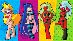 This was commissioned by someone on deviantART called Preadeter, and he wanted me to draw Panty, Stocking, Scanty, and Kneesocks in revealing outfits.