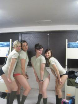 militarysluts:  Army basic training sluts pose in their underwear for the drill sergeant cadre.