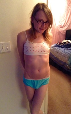 Feeling cute in my training bra and little blue undies :3