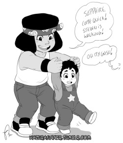 hazurasinner:  What if Steven did already meet Ruby and Sapphire but he just doesn’t remember? And the others didn’t know because Garnet unfused when she was taking care of baby Steven by herself? Maybe? Does anyone recognize the designs on Ruby