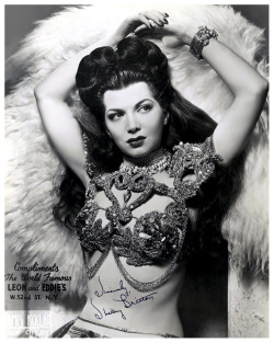 burleskateer: Sherry Britton is featured on this complimentary 40’s-era souvenir postcard gifted to patrons of ‘LEON and EDDIE’S’ nightclub, located in NYC’s “Strip Alley”.. Sherry was a very popular Pinup girl during WW2; known then, as:
