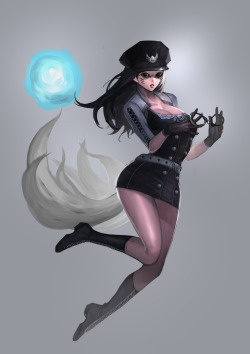 Here is Ahri from League of Legends in a special unreleased police uniform :) The artist is unknown. btw, my primary blog is sona34.tumblr.com, but I have reblogged you from my secondary (sonadeb.tumblr.com)