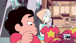 I just thought this was cute, because it looks to me that aside from Steven using his chin to help, he folds in a similar way to Pearl. Their piles even look similar, compared to the otherswhich makes me think Steven learned to fold clothes from Pearl,