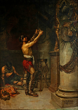   Victorious Gladiator Offering Arms to Hercules Guardian. 1884. Andres Parlade y Heredia. Spanish 1859-1933. oil/canvas. Museo del Prado.   