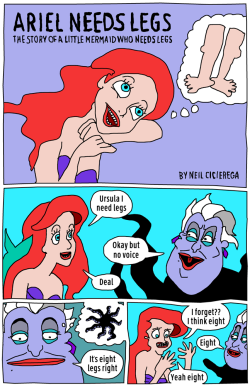 pro-gay:neilcicierega:  ARIEL NEEDS LEGS I was gonna make Emmy draw this but she said no so I drew it myself. I’ve never drawn a comic before! edit: WATCH IN MOTION COMIC FORM   Happy 9th birthday to this post specifically.
