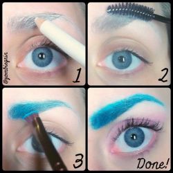 aicosu:  stripstripstripstripstrip:  kookukachu:  makeupbag:  A few of you asked me how to do colored brows after I posted my rainbow eyebrow look so here’s how! :) Fill in your eyebrow with white liner. I used an Elf Eye Liner. Brush your eyebrow out