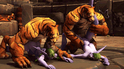 warlordrexx:  Patreon Image! The Starleaf twins take part in the Highmaul Arena, but are defeated by a crafty Saberon duo.  There is some weird artifacts on some of the GIFs, and I am not sure what is going on, but I think it’s because I tried to render