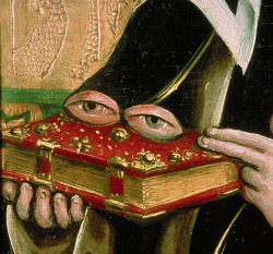 St Odile of Alsace (c. 662 - c. 720), patron saint of eye and ear diseases, often shown with a pair of eyes resting on a book. Detail of an Austrian triptych, tempera on wood (1491).
