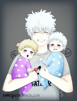 samoqueen:  Yooooshh *3*   GINTOKI and his CHILDREN  :)  sparkle-ni-san Give me the idea :* and i drew it     I wrote on his T-shirt  NUMBER 1 FATHER  \(*^*)/ 