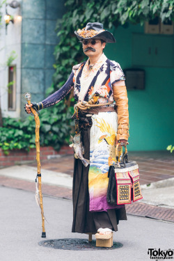 weeaboo-chan: tokyo-fashion: Joseph on the street in Harajuku wearing a Japanese steampunk look including embroidered kimono elements, wooden geta sandals, and lots of handmade steampunk accessories. Full Look me: “steampunk is bad”  this man: *lowers