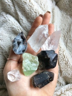 crystallauraa:  Lot number 3  Phantom smokey Quartz  Herkimer diamond  Green calcite  Black amethyst  Geode  And 2 clear Quartz  18$ plus s&amp;h  Message me if you’re interested 💗
