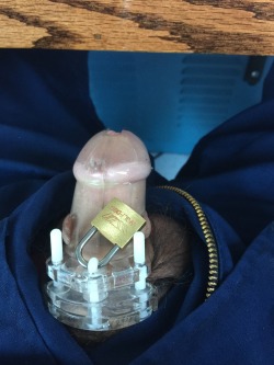 chastity-faggot:  Day 1: locked at work. Horny as fuck, wanting to make this permanent. 