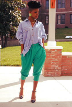 Blackfashion:  Jean Shirt, Green Harem Pants, Spiked Cap Toe Heels Top And Bottom