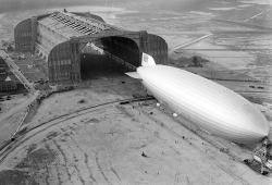 The Hindenburg trundles into the U.S. Navy hangar at Lakehurst, New Jersey, on May 9, 1936.