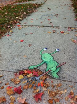 cherrispryte:  penguinperversion:  mlloydart:  Chalk Art by David Zinn  I love this.  The world is in need of more beautiful weirdness like this.   Damm that&rsquo;s cool.