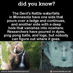 momnar:  moiracolleenodell:  did-you-kno:  The Devil’s Kettle waterfalls in Minnesota have one side that pours over a ledge and continues, and another side with a deep hole that vanishes into nowhere. Researchers have poured in dyes, ping pong balls,