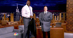 bewbin:  bobbymoynihans:  Jimmy’s wearing Shaq’s jacket and it might be the most ridiculous thing I’ve ever seen.   He is wearing his Shaq-et
