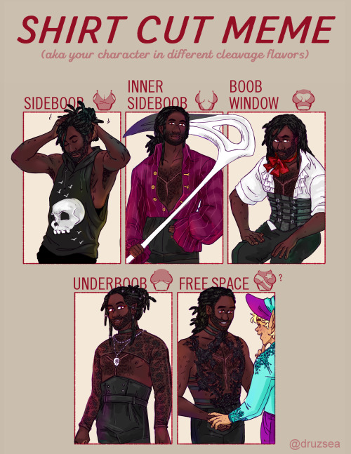 herbgerblin:[ID: The shirt cute meme featuring Kravitz in different outfits. He is a half-elven man with brown sking, long, dark locs, and red eyes. In the “sideboob” panel he is wearing a dark grey, sleeveless hoodie with low cut sides. It is decorated