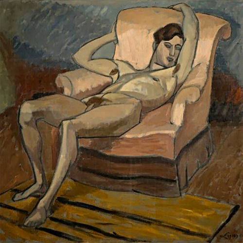 antonio-m:‘Reclining male nude’, by Adrien Hébert (1890-1967). Franco-Canadian  artist. Born in Paris, and lived primarily in Montréal. His work often  focused on street scenes and port workers.