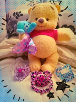 babypinkprincess:My blinged out pacis and Pooh bear rattle!