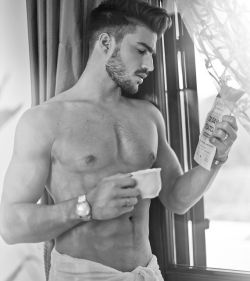 dannyboi2:  Love the dainty tea cup… images of Mamas boy comes to mind. Apparently he’s reading the instructions or the ingredients found in the cleansing tea he’s about to drink. I think Mom made it for him.  The Ever so, Gorgeous Mariano Di