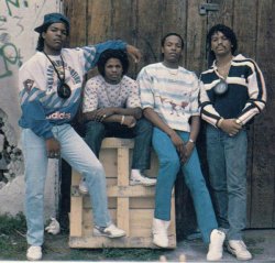 gutsanduppercuts:  An early and MC Ren-less NWA. Back in the days when Eazy’s afro was so sturdy, you cold use it as an arm rest.