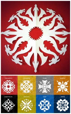 truebluemeandyou:DIY 8 Game of Thrones Snowflake Patterns from Krystal Higgins here. For 56 Star Wars snowflake templates and other DIY snowflakes (ballerinas, zombies, Tardis etc…) go here: truebluemeandyou.tumblr.com/tagged/snowflakes