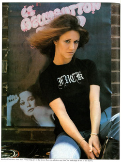 From the book The Great American T-Shirt (1976); photo likely taken in New York City while she was starring in the Off-Broadway revue Le Bellybutton (1976)