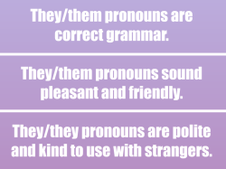 hate-police:  universalpronouns:   trans-positive-vibes:   They/them pronouns are correct grammar. They/them pronouns sound pleasant and friendly. They/them pronouns are polite and kind to use with strangers.   Unfortunately, They/Them does not work in