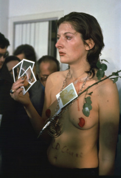 anterohs:  flower-of-a-sun: fancybidet:  andrewfishman:  Marina Abramović, “Rhythm 0,” 1974 Marina Abramović is best known for her performance pieces, in which she tries to explore what is possible for an artist to do in the name of art.  Her best