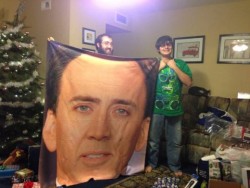 meme-rage:  My nephew’s Christmas List mentioned that he liked Nicholas Cage   Is it just me or does the dude holding the blanket look like Nicolas cage with a beard