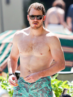 chrisprattawesomesource:  List of reasons why I am dead Shoulders Arms Swimsuit Hairy chest Pecs Abs Chris Pratt 