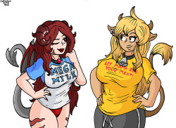 Crimson and Maya wearing some T shirts. I realized after finishing that Maya should have been wearing the Mega Milk one, but whatever. Commission Info - Ko-fi - Redbubble Store