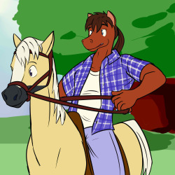 Blake riding his horse Desmond, because yes, real animals do exist alongside anthros.