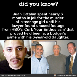 did-you-kno:  Juan Catalan spent nearly 6 months in jail for the murder of a teenage girl until his lawyer found unused footage from HBO’s ‘Curb Your Enthusiasm'·that proved he’d been at a Dodger’s game with his 6-year-old daughter. Source