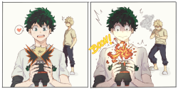 nihui-223art: Then Midoriya called Uraraka asking if she could hide all his Bakugou merchandise. I don’t know, just wanted draw Bakugou annoyed because Midoriya won’t stop give all his attention (and love?) to his merchandise when The Original Katsuki
